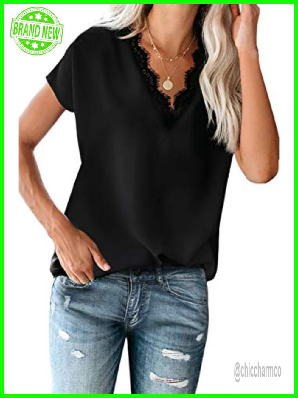 Lace Trim V-Neck Short Sleeve Blouse Flowy Satin Top